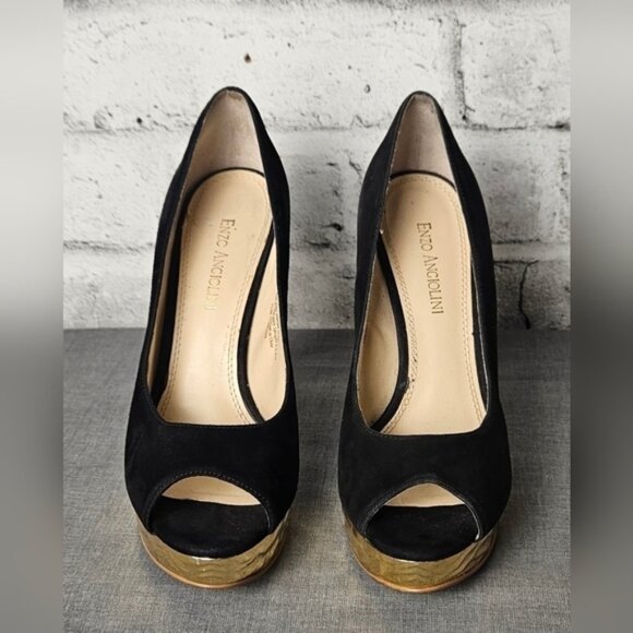 ENZO ANGIOLINI EASULLY BLACK SUEDE GOLD PLATFORM HEEL - Picture 5 of 13